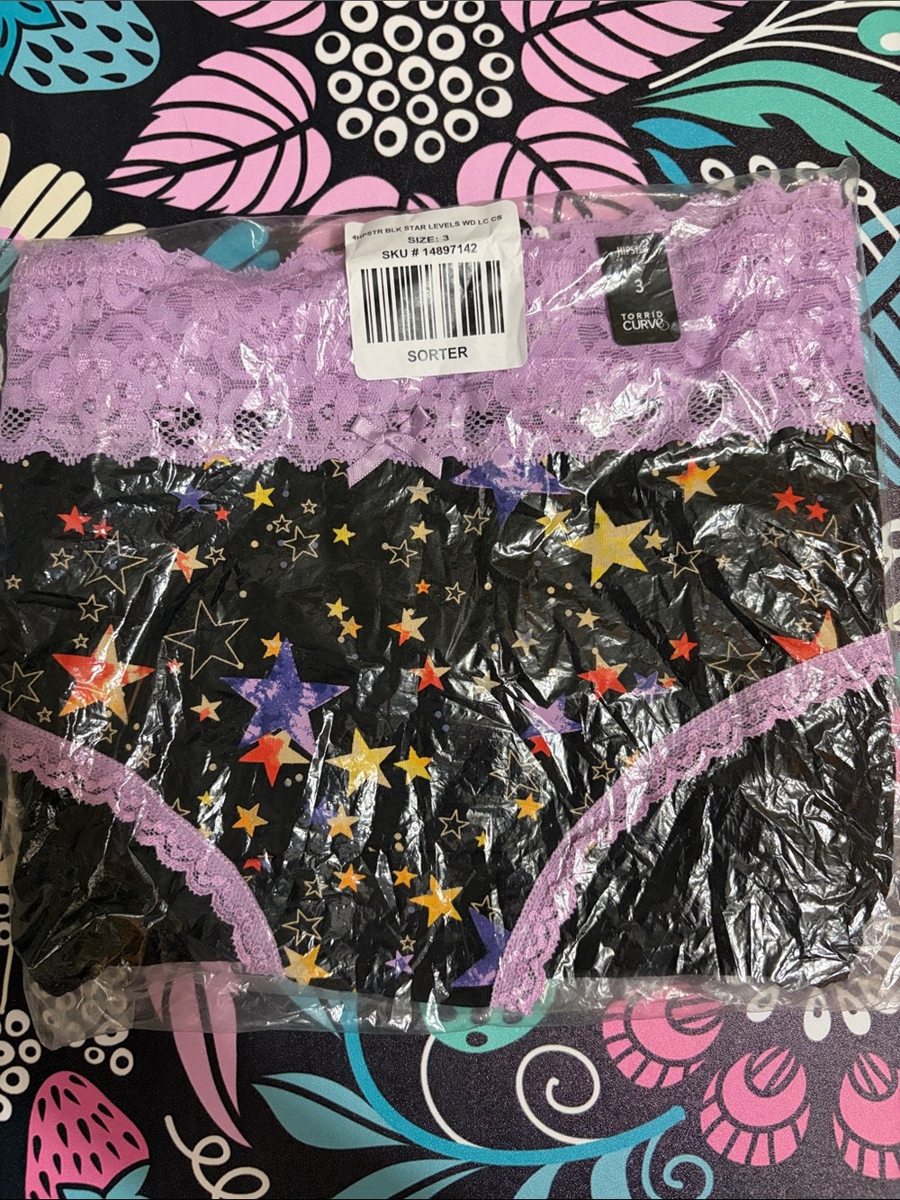 torrid Black Star Print Hipster Panty with Lavender Lace